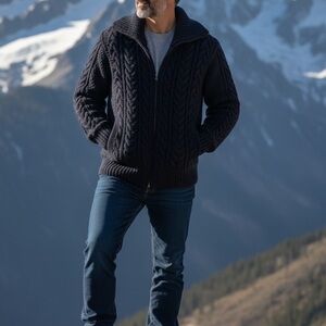 Peregrine JD Glover Sz Medium Men’s 100% Wool Cable Knit Fisherman Zip Cardigan